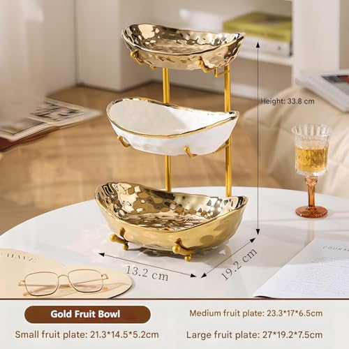 XUDREZ 3 Tier Fruit Bowl with Metal Stand for Kitchen Counter, Ceramic White Gold Silver, Tiered Fruit Basket for Nuts, Snacks, Bread, Candy Storage (Gold) - color: Gold