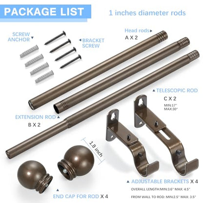 Curtain Rods for Windows 16-48", 1 In Brown Curtain Rod, 2 Pack - color: Brown, size: 48" - 1'' rod - 2 Pack