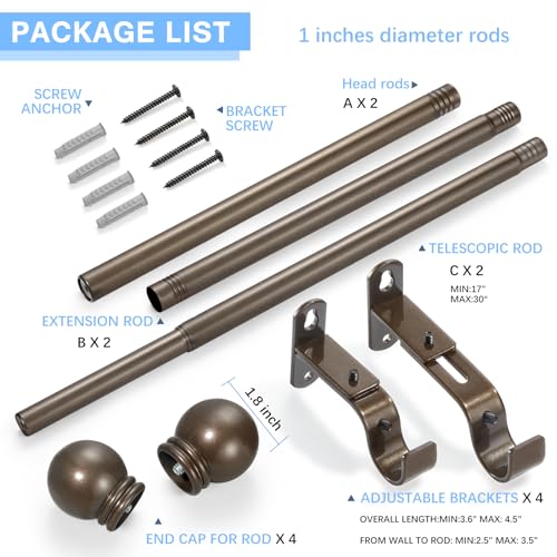 Curtain Rods for Windows 16-48", 1 In Brown Curtain Rod, 2 Pack - color: Brown, size: 48" - 1'' rod - 2 Pack