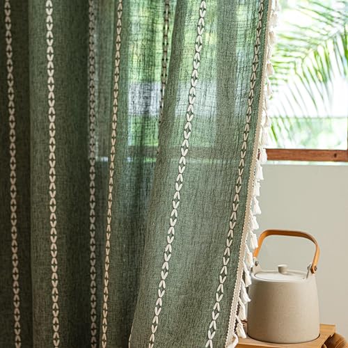 Sutuo Home Boho Kitchen Curtains with Beige Tassels, Semi Blackout Linen French Country Shabby Chic Window Treatment Bohemian Embroidery Knitted Drape, Rod Pocket 1 Panel 52" W x 63" L, Olive Green - color: Olive Green Stripes, size: 52"W x 63"L (Pack of