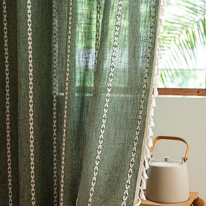 Sutuo Home Boho Kitchen Curtains with Beige Tassels, Semi Blackout Linen French Country Shabby Chic Window Treatment Bohemian Embroidery Knitted Drape, Rod Pocket 1 Panel 52" W x 63" L, Olive Green - color: Olive Green Stripes, size: 52"W x 63"L (Pack of