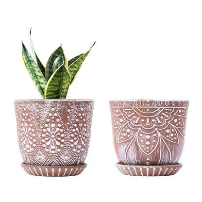 Gepege Ceramic Plant Pots, 6 Inch Indoor Planters with Drainage & Saucers - color: Clay+white, size: 6 Inch - Set of 2