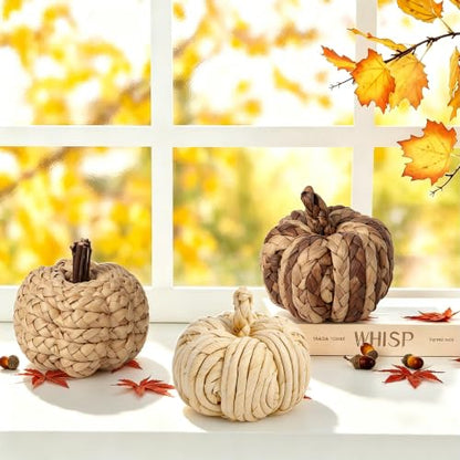 Lulu Home Set of 3 Handwoven Pumpkins Decor - color: Cream & Brown Blend