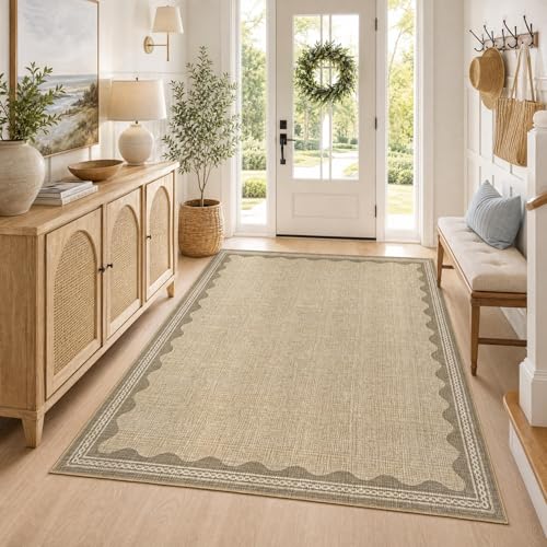 GarveeHome Scalloped 3x5 Rug Washable Non-Slip Low-Pile Indoor Rugs for Entryway Solid Tan Jute Digital Printing Modern Carpet for Kitchen Bedroom Living Room Bathroom Indoor Mat - color: Jute, size: 3' x 5' (Rectangular)