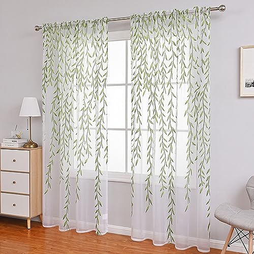 Ufurty 2pcs Willow Leaf Window Curtain Voile Tulle Sheer Vine Curtains - color: Green Leaf, size: 39.4"W x 78.7"L (Pack of 2)
