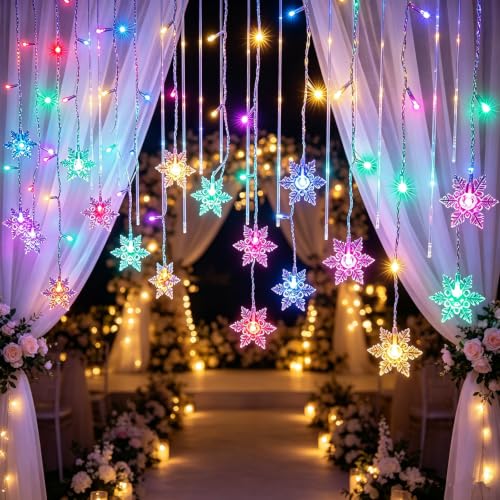 String Lights LED Curtain Light, 96 LED Fairy 3.5M Snowflake Waterproof Christmas Lights with Control Plug in Lights for Outside Indoor Bedroom Party Fence Patio - Colorful - color: Warm White