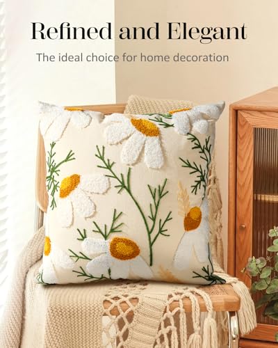 Embroidered Throw Pillow Cover, 18x18 Inch, Daisy - color: Daisy, size: 18" x 18" (Pack of 1)