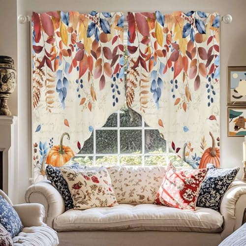Orange Blue Fall Swag Valances Kitchen Curtains 36 Inches Length,Thanksgiving Autumn Pumpkin Tier Drapes Swag Topper,Farmhouse Eucalyptus Leaves Short Window Treatment for Window Cafe 2 Panels 28"x36" - color: Orange Blue, size: 28"W x 36"L (Pack of 2)