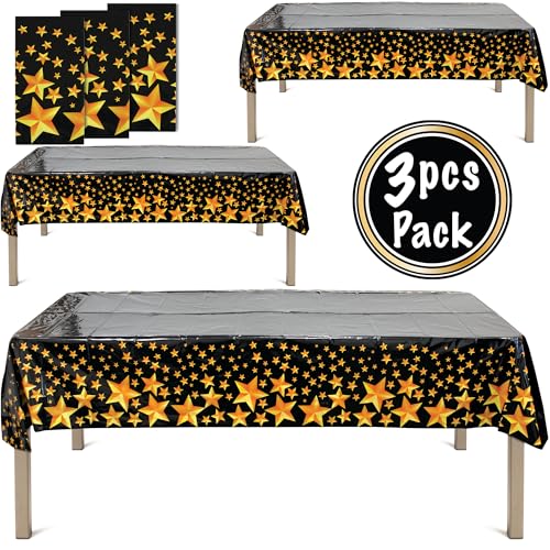 BASHOUT New Year's Eve Party Plastic Tablecloth | 3 Pcs Pack (54” Wide x 108” Long) | Black Rectangular Table Cover with Gold Stars | Anniversary, Graduation Table Decorations | New Years Eve Decor