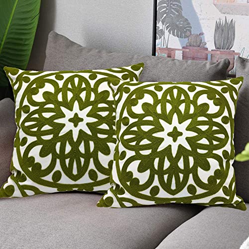 Alysheer Boho Embroidered Throw Pillow Cover 18"x18" Set of 2, Olive Green - color: Olive Green, size: 18" x 18" (Pack of 2)