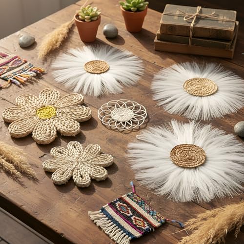 Chunful 7 Pcs Boho Wall Basket Decor Rattan Flower, Milky White - color: Milky White