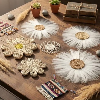 Chunful 7 Pcs Boho Wall Basket Decor Rattan Flower, Milky White - color: Milky White