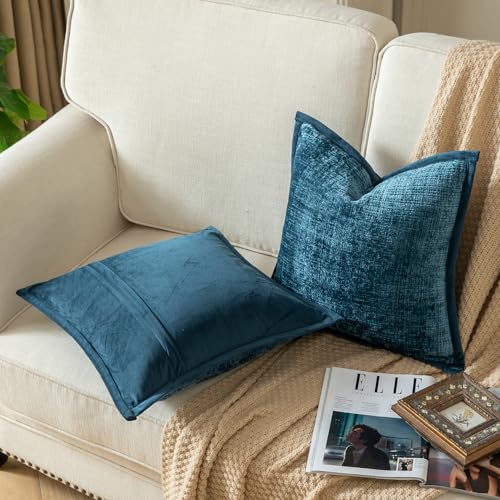 Yaertun Pack of 2 Chenille Textured Decorative Throw Pillow Covers Accent Solid Cushion Cover Soft Cozy Pillow Case with Velvet Back for Couch Sofa Bed Living Room 18x18 Inch Blue - color: Blue, size: 18" x 18" (Pack of 2)