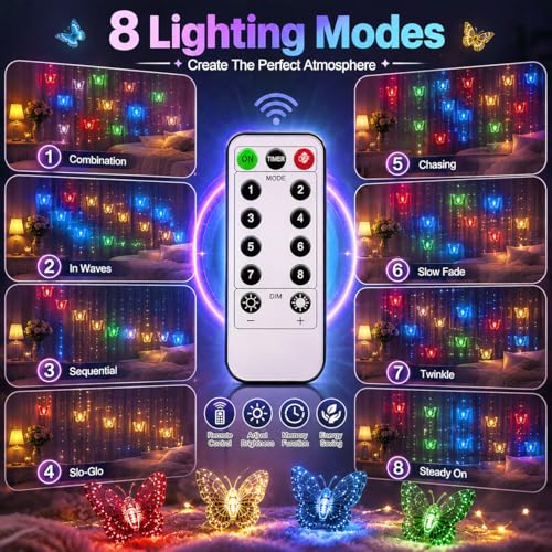 Butterfly Curtain Fairy Lights USB Plug in,8 Modes 120 LED 20FT Firefly Twinkle Timer String Lights with Remote, Waterproof for Bedroom Christmas Wedding Party (Multicolor) - color: Multicolor