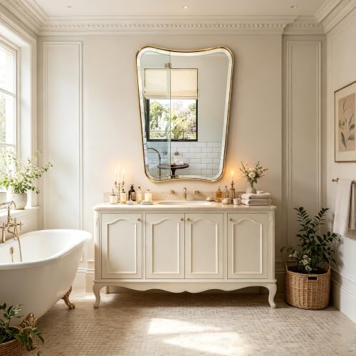 POZINO 48"x30" Premium Large Brushed Gold Bathroom Beveled Mirror - color: Brushed Gold Irregular, size: 48"L x 30"W