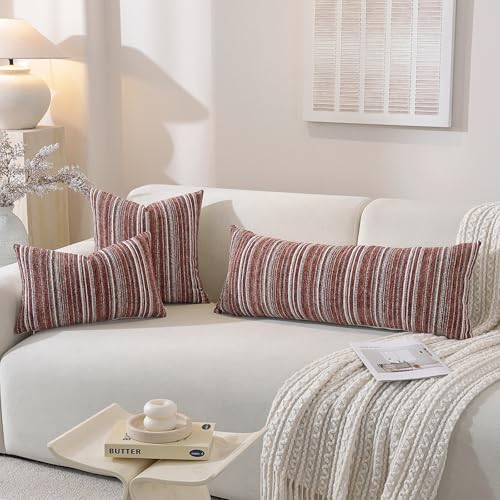 Throw Pillow Covers, Chenille Luxury Red Striped Pillow Case 36x14 Set of 1, Farmhouse Decorative Cushion Cover for Home Decor Bed Sofa Living Room Chair Bedroom - color: Wine Red Stripe, size: 36" x 14" (Pack of 1)