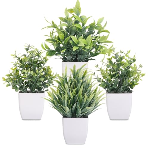 CEWOR Fake Plants 4 Packs Small Artificial Greenery Mini White Potted Plants Bathroom Accessories Decorations for Desk Bathroom Office Home Room Kitchen Table Indoor - color: White3