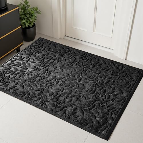Black Leaves Outdoor Indoor Entrance Door mat, Absorbent Durable Heavy Duty Welcome Front Door Mat,Thick Natural Rubber Back,Easy Clean Entryway Mat 47x32 Inch, Low Profile - color: Leaves-black, size: 2'8" x 3'11" (Rectangular)