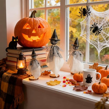 AceOrbit Halloween Decorations Indoor Ghost Set of 3 Sizes Primitive Ghost Wooden Stand Rustic with Witch Hat Spider Fabric Figure Shelf Sitters Table Centerpieces Tiered Tray Halloween Party Supply