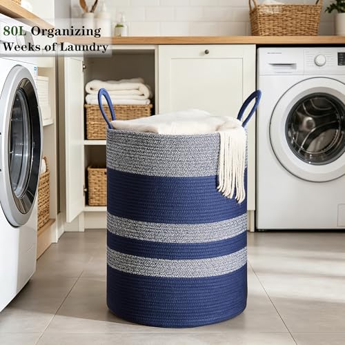 Blue Hamper Tall Woven Laundry Basket 80L Large - color: Dark Blue