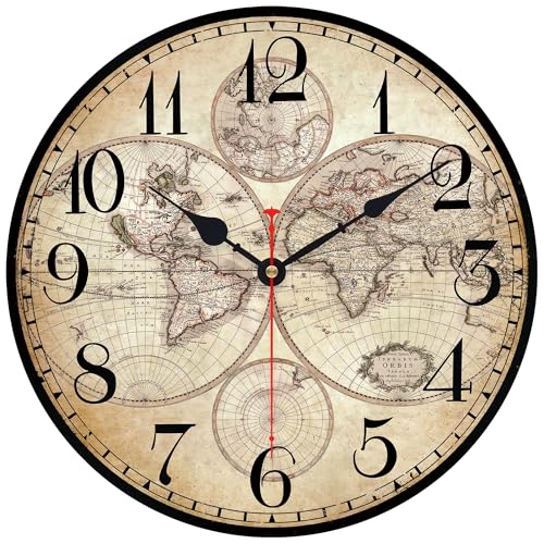 14in Vintage Wooden World Map Wall Clock Silent Rustic Large Kitchen Decor - color: Retro Vintage, size: 14 inch