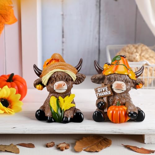 Karenhi 2 Pcs Highland Cow Figurines Resin Tabletop Decor Statues - style: Thanksgiving Day