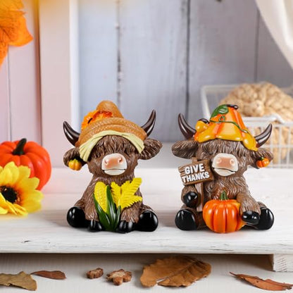 Karenhi 2 Pcs Highland Cow Figurines Resin Tabletop Decor Statues - style: Thanksgiving Day