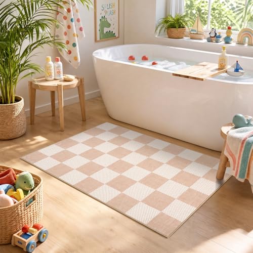 GarveeHome Checkered Blush Beige 2x3 Washable Rug Low-Pile Small Door Mat - color: Blush Beige, size: 2' x 3' (Rectangular)