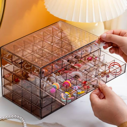 YUFONG Earring Storage Box Organizer 5 Drawers with 120 Small Compartments - color: Clear Purple Brown