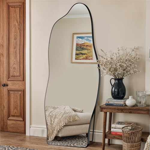 Antok Irregular Full Length Mirror, 68"x26" Asymmetrical Floor Mirror with Stand, Standing Hanging Leaning Irregular Mirrors for Bedroom Living Room Entryway, Cloud Shaped, Black - color: Black, size: 68"L x 26"W, style: Cloud Shaped Style