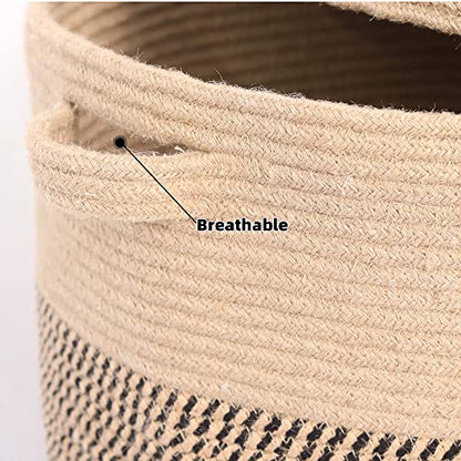 Extra Large Storage Basket with Lid 60L, 16"Wx18"H Woven Laundry Hamper Basket with Handle, Jute Rope Wicker Basket Blankets Pillows Storage in Living Room Baby Nursery, Jute/Black Mix includes Lid - color: Jute/Black Mix-16"Wx18"H