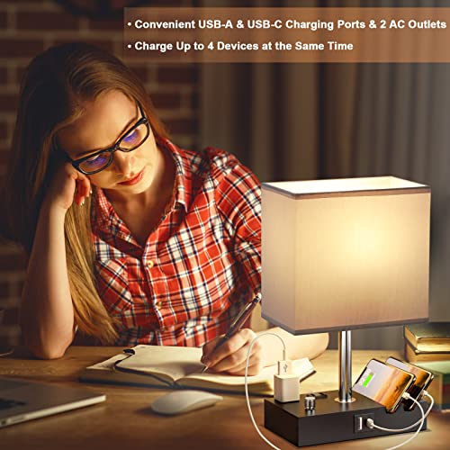Grey Table Lamp for Bedroom - Stepless Dimmable, USB C+A, 2 AC Outlets - color: Misty Grey with Knob Switch, size: 1 Pack