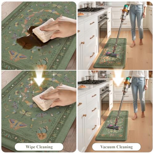 KIMODE Kitchen Mats for Floor Cushioned Anti Fatigue Kitchen Rugs Sets of 2 - color: Sage Green Botanical