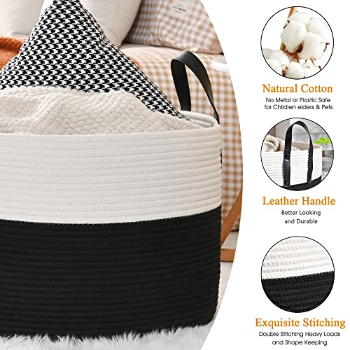 KAKAMAY Large Blanket Basket (20"x13"),Woven Baskets for storage Baby Laundry Hamper, Cotton Rope Blanket Basket for Living Room, Laundry, Nursery, Pillows, Baby Toy chest (White/Black) - color: White and Black