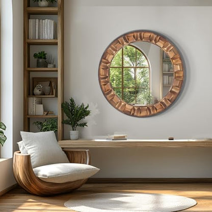 30 Inch Dark Brown Solid Wood Round Wall Mirror - color: A - Round - 30x30 in