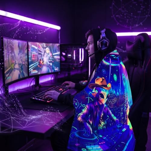Blacklight Galaxy Alien Party Throw Blankets UV Reactive Night Sky Spaceship Throw Blanket Glow in the Dark Under Black Lights Game Room Decor Soft Throw Gifts 59x51 Inches - color: Alien Party
