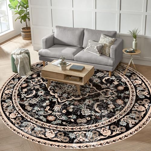 Vhong Boho Area Rugs Vintage Washable Modern Neutral Carpet Black 8×8 High Traffic Round Rugs for Dinning Room Living Room Bedroom Farmhouse Non Slip - color: Black/Brown, size: 8' (Round)