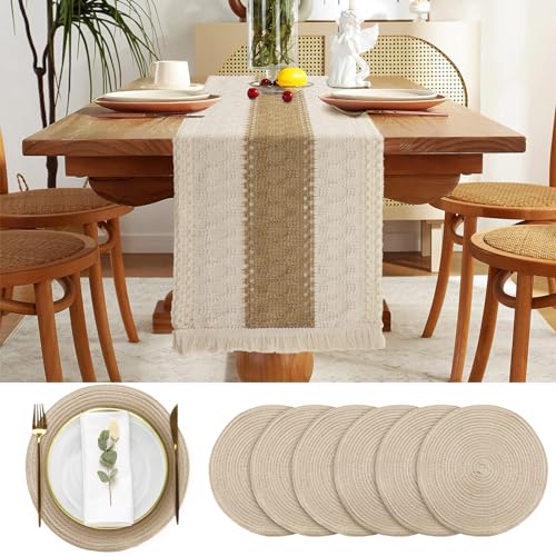 7 Pcs Boho Table Runners and Boho Round Placemats Splicing Woven Macrame Table Runner with Tassels Farmhouse Dining Decor for Christmas Wedding Kitchen Dining(12 x 108 Inch)