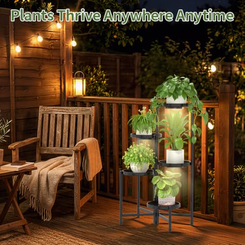 LASZOLA Plant Stand Indoor 10 Inch Large Tray With Lights, 5 Tier Black - color: Black with Light, size: 5 Tier