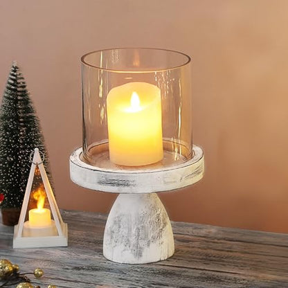 7" Wide Farmhouse Glass Hurricane Candle Holder & Glass Vase with Distressed White Sturdy Solid Wooden Base for Pillar & Flower Arrangement, Terrarium, Centerpiece, Console Table, Dining Table, Mantel - color: Rustic White, size: 7"x10"
