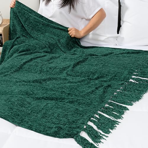PAVILIA Chenille Throw Blanket, Knit Sofa Couch Tassel Throw, Green 50x60 - color: Emerald Green, size: 50 X 60 Inches - Throw