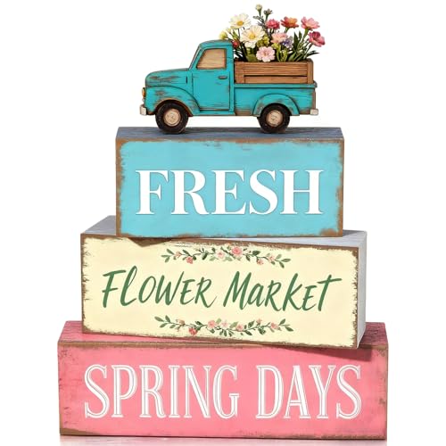 Spring Decoration Wooden Tiered Tray Decor Set – Farmhouse Spring Block Sign with Vintage Flower Truck, Fresh Flower Market Text – Rustic Tabletop Centerpiece for Living Room, Kitchen, Entryway, Shelf Display, Spring Home Decor - style: Flower Truck