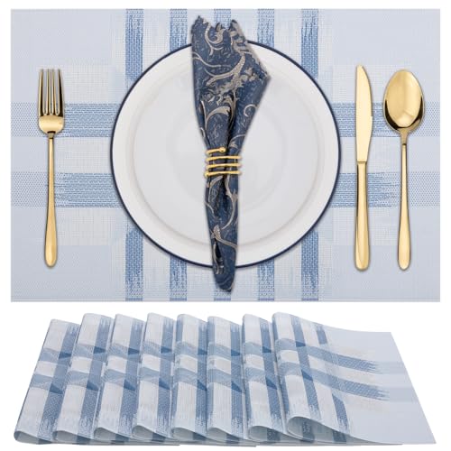 Winknowl Placemats Set of 8, Heat Resistant Stain Resistant Woven Vinyl Insulation Place mats, Durable Washable Elegant Table Mats for Kitchen Dining Table Decor (Geometric Blue) - color: Geometric Blue, size: Set of 8