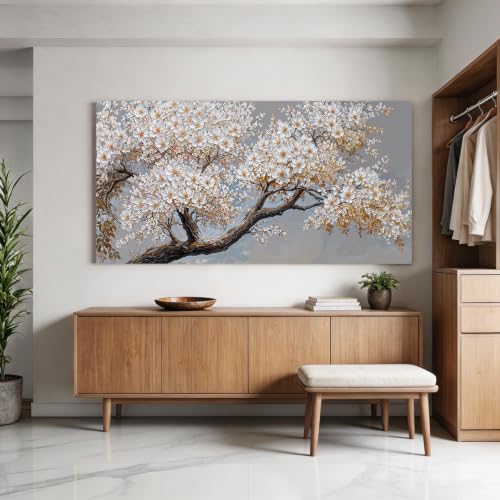 Modern Elegant White Flower Tree Of Life Wall Art For Living Room 24x48 In - color: HX5A, size: 48"L x 24"W