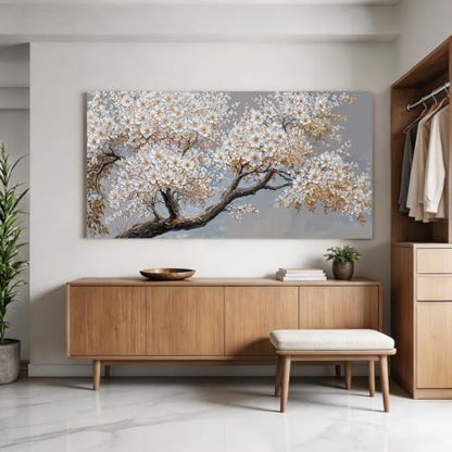 Modern Elegant White Flower Tree Of Life Wall Art For Living Room 24x48 In - color: HX5A, size: 48"L x 24"W