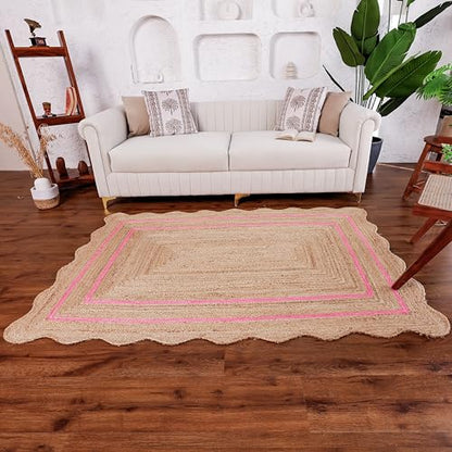 Wave Scalloped Jute Rug Entryway Natural Boho Area Rug Dark Pink 2'x3' - color: Dark Pink, size: 2'x3'