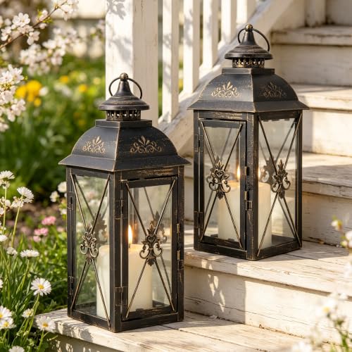TRIROCKS Set of 2 Vintage Hanging Lantern - 13.5'' Decorative Metal & Tempered Glass Candle Holder - Ideal for Indoor/Outdoor Events, Patio, Garden, Parties Black & Gold Brush Finish - color: Black, size: Set of 2