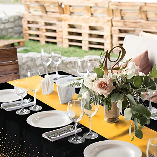 12Pack Disposable Plastic Tablecloths and Satin Table Runner Set Black and Gold Dot Tablecloth Gold Satin Table Runner for Wedding Birthday Baby Shower Anniversary Christmas New Year Party Supplies - color: Black and Gold, size: 12 Pack