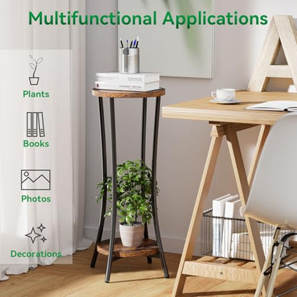 IBUYKE 30 Inch Tall Plant Stand Indoor, 2 Tier Wood Flower Stand, TMJ074H - color: Rustic Brown-Round