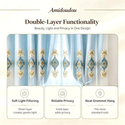Amidoudou 1 Pair European Double Layer Curtains with Sheer Curtains for Living Room Bedroom Luxury Embroidered Blackout Curtains (Blue,52x102 Inch) - color: Blue, size: 52"W x 102"L (Pack of 2)